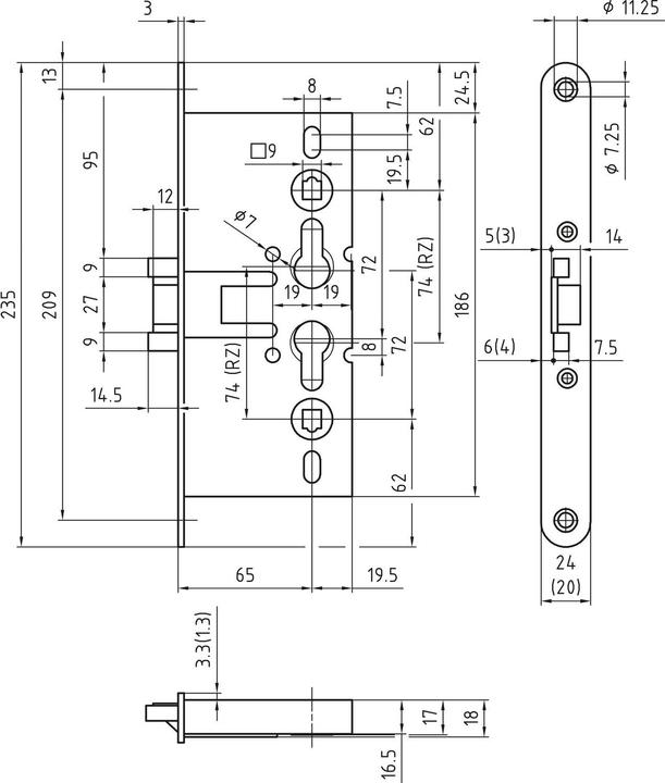 Actual product image BMH Mortice lock 1739-R PZW to DIN, backset 65, VK 9 mm, galvanised steel
