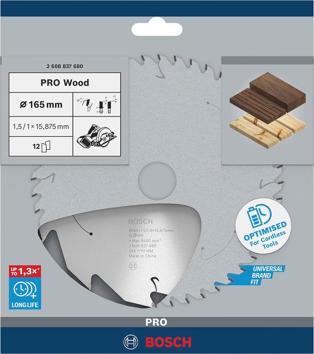Actual product image Bosch Professional Zubehör PRO Wood cordless circular saw blade, 165 x 1.5 x 15.875 mm