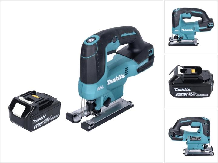 1x Makita DJV 184 cordless pendulum action jigsaw, 1x sliding block plastic, 1x jigsaw blade B-50 wood, 1x Makita BL 1830 B 18 V 3.0 Ah battery - without charger
