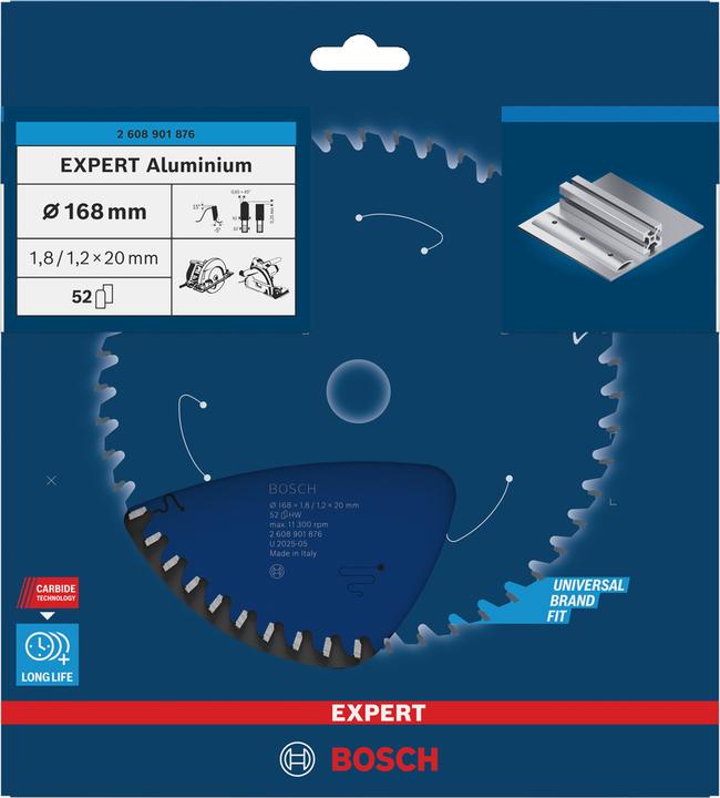 Immagine prodotto Bosch Professional Zubehör Lama circolare Expert per alluminio 168 x 20 x 1,8/1,2 mm, T52