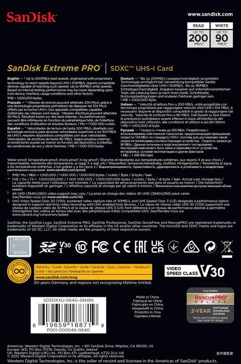 Productafbeelding SanDisk Extreme PRO UHS-I V30 (64 GB, SDXC, U3, UHS-I)
