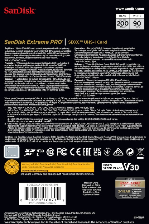 Produktbild SanDisk Extreme PRO UHS-I V30 (64 GB, SDXC, U3, UHS-I)