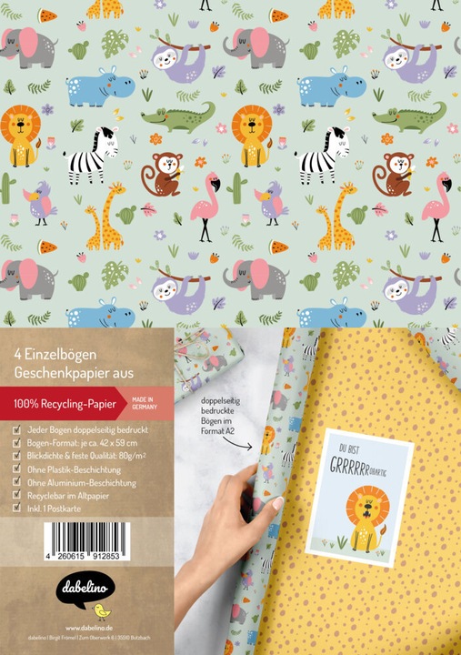 Immagine prodotto Dabelino Set di carta da regalo per bambini: Jungle (Carta da regalo, 4 x)