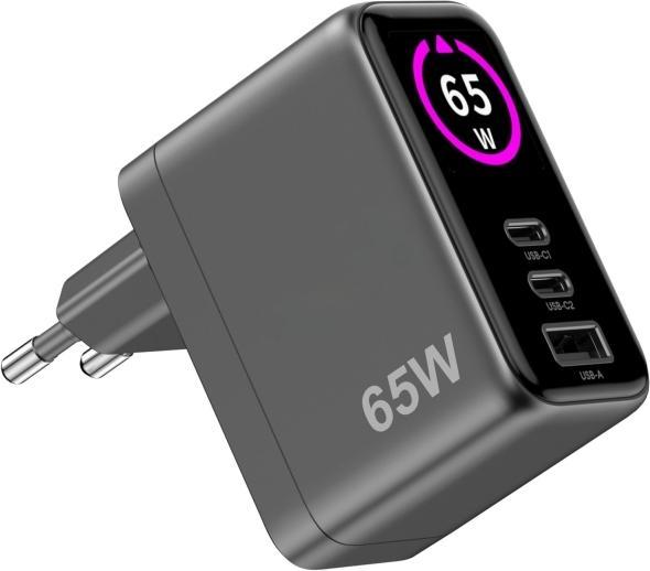 Celly Wandladegerät GaN 65W, mit integriertem Display (65 W, 3 ports)