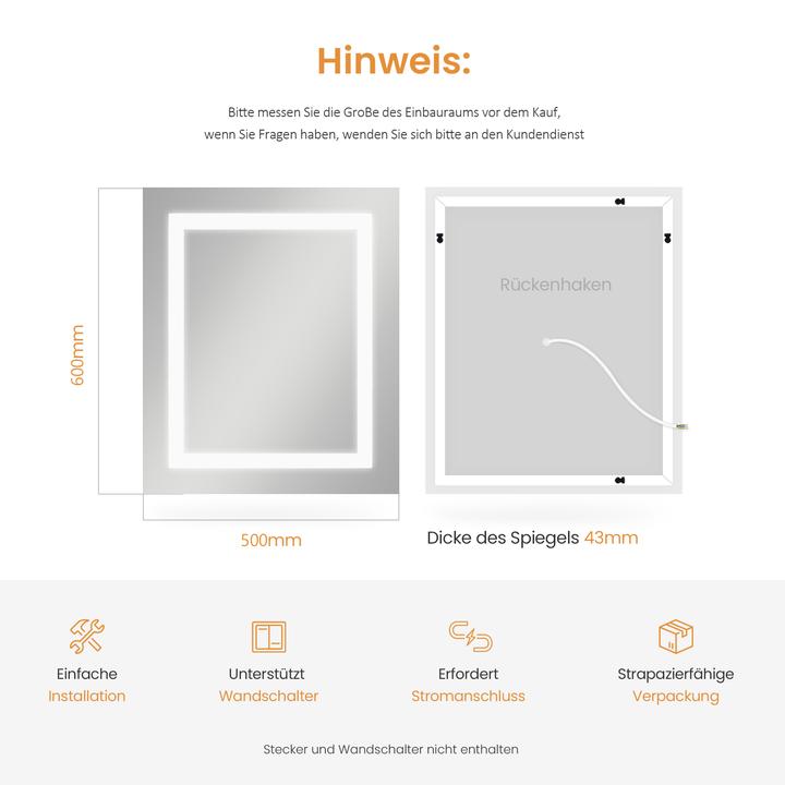 Produktbild Emke Badezimmerspiegel mit Beleuchtung 50*60cm,Beschlagfrei, 3000K/6500K,Tast Schalter (50 x 60 cm)