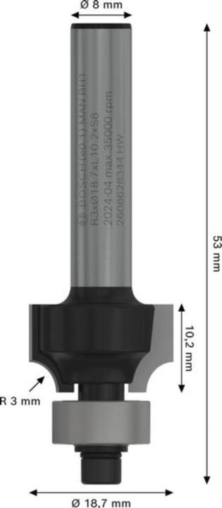 Produktbild Bosch Professional Zubehör Abrundfräser, 8 mm, R1 3 mm, L 10,2 mm, G 53 mm