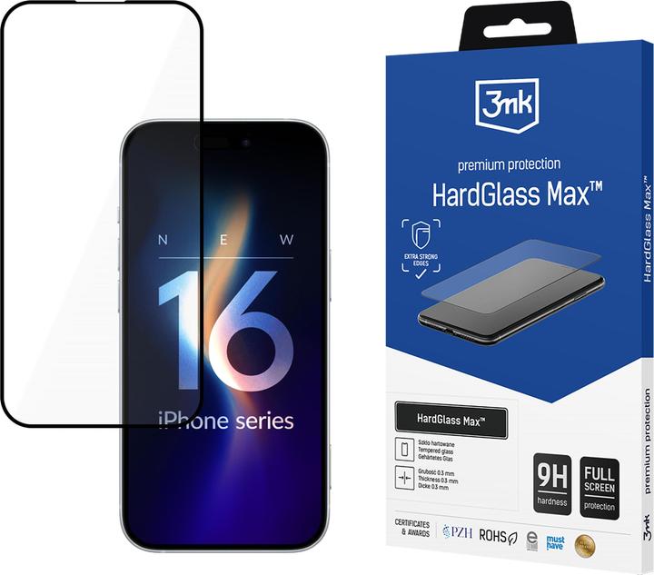 3MK HardGlass Max iPhone 16 Plus czarny/zwart, Fullscreen Glas (1 Stuk, Apple iPhone 16 Plus)