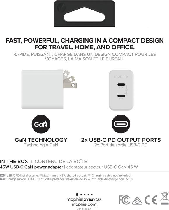 Label énergétique mophie 409909356, Intérieure, Secteur, Blanc (45 W)