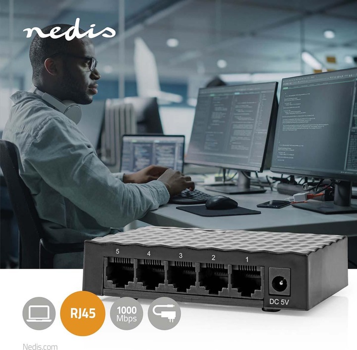 Produktbild Nedis Netzwerkschalter | Wired Geschwindigkeit: Gigabit | Anzahl Ethernet-Ports: 5 (5 Ports)