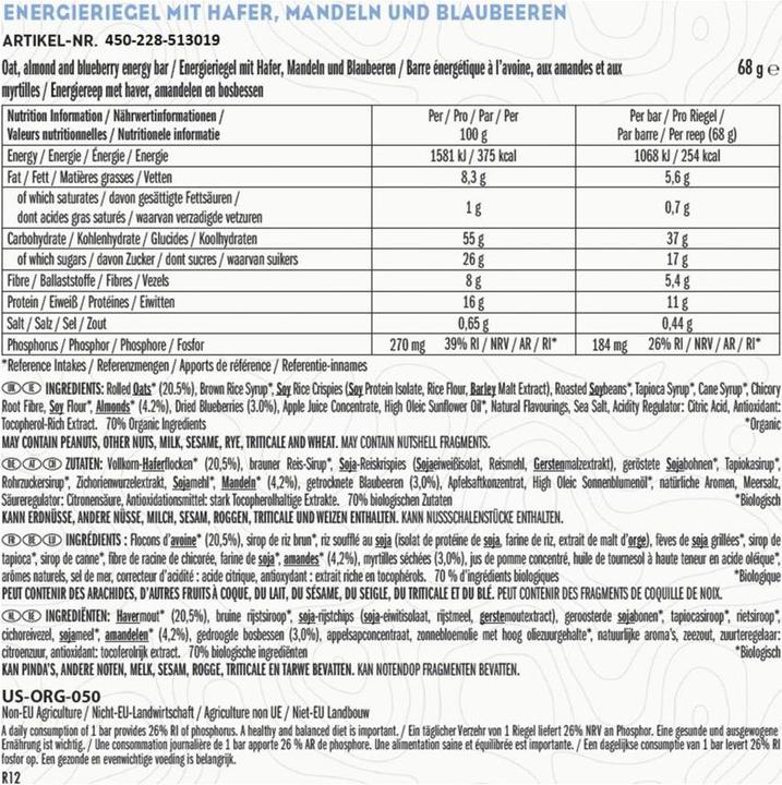 Valori nutrizionali e ingredienti Clif Bar Barretta energetica (Mirtillo, Bacca, 12 pz., 816 g)