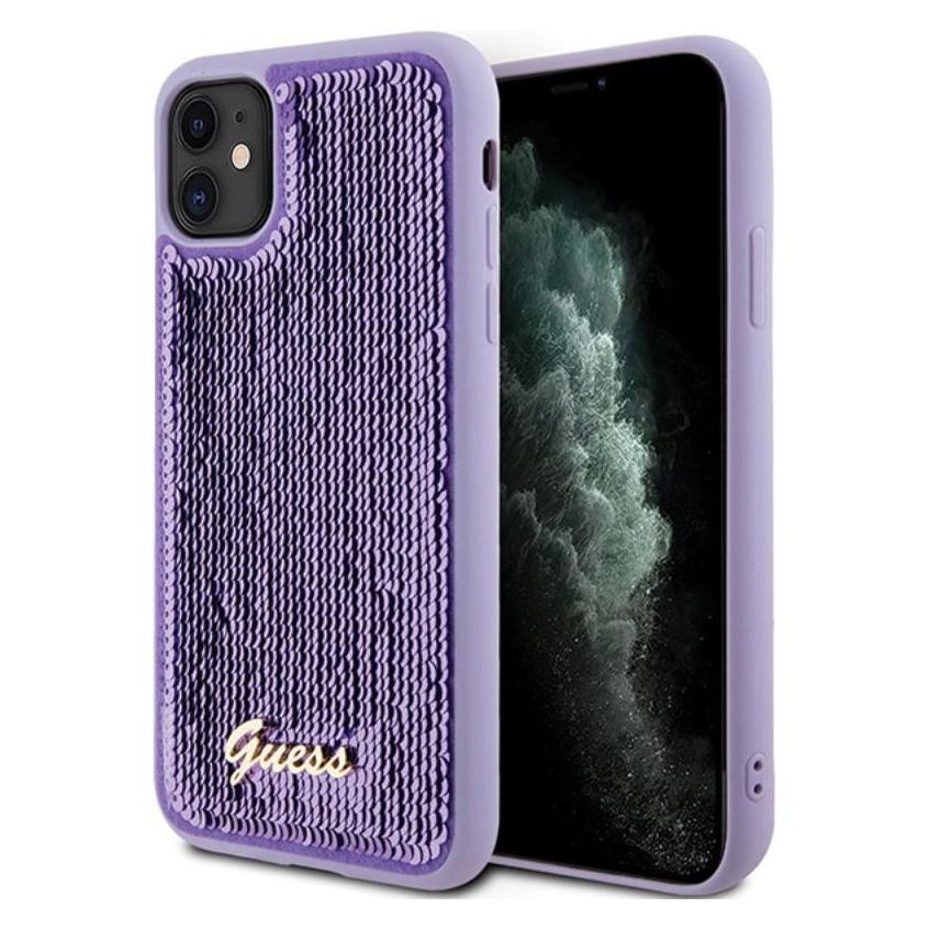 Guess GUHCN61PSFDGSU IPhone 11 / Xr 6.1" Fleurig/paars Hardcase Pailletten Schrift Metaal (Apple IPhone 11), Smartphonehoes, Paars