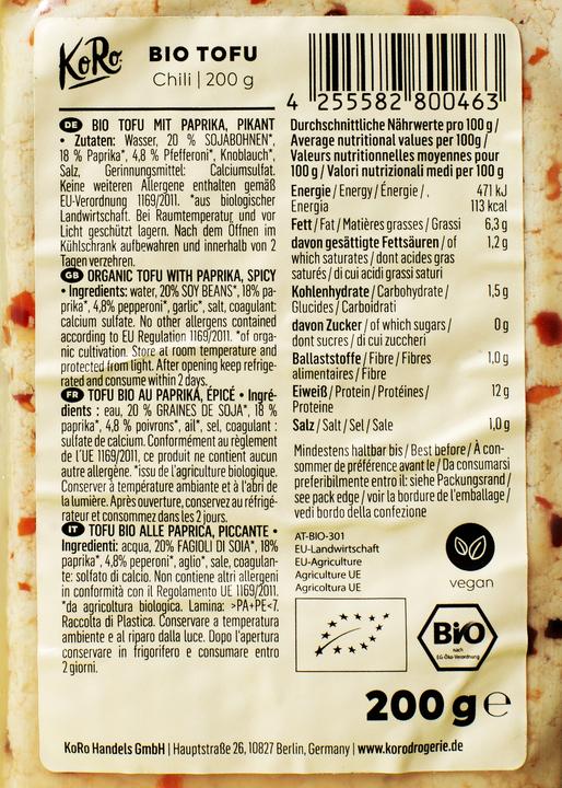 Nährwerte und Zutaten KoRo Bio Tofu mit Paprika, pikant (1200 g)