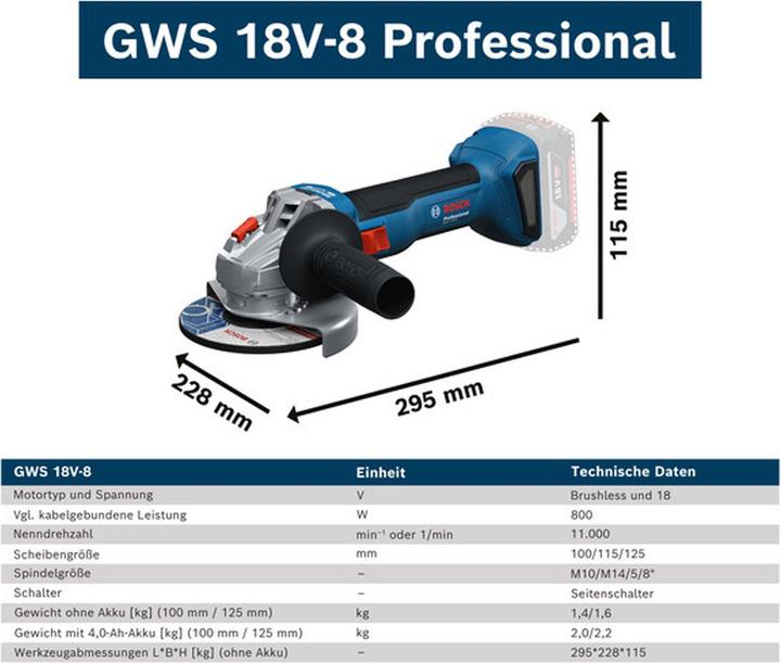 Produktbild Bosch Professional Bosch Winkelschleifer GWS 18V-8 (solo, L) (125 mm)