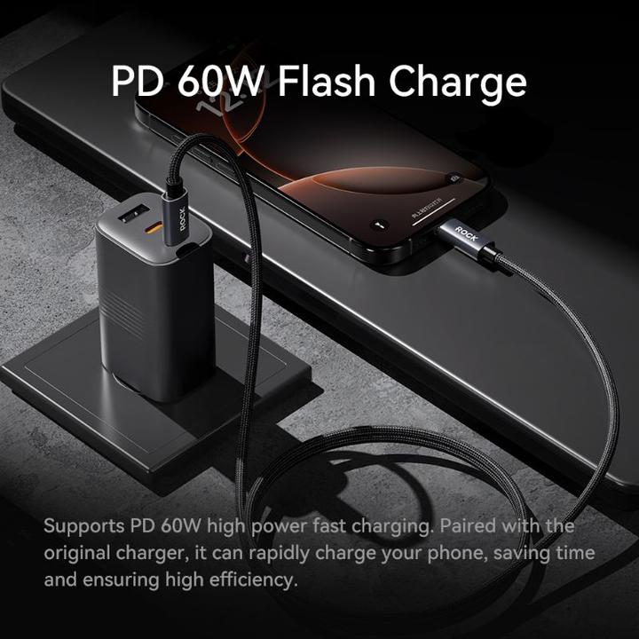 Rock Z28 Metal Braided C TO C 60W Fast Charging Data Cable 2m Schwarz