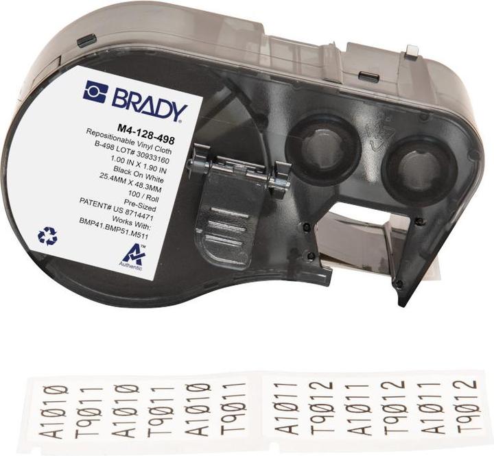 Actual product image Brady M4-128-498, removable vinyl fabric, black on white, 25.40 x 48.26 mm, max. cable length