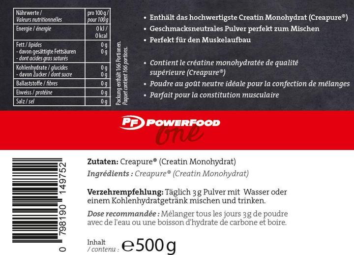 Valori nutrizionali e ingredienti Powerfood Creatina di alta qualità (1 pz., Polvere, 500 g)