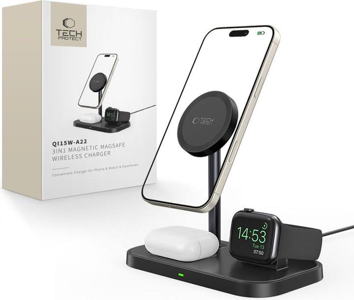 Immagine prodotto Tech Proteggi belaidis įkroviklis QI15W A22 3in1 Magnetic MagSafe, juodas (15 W)
