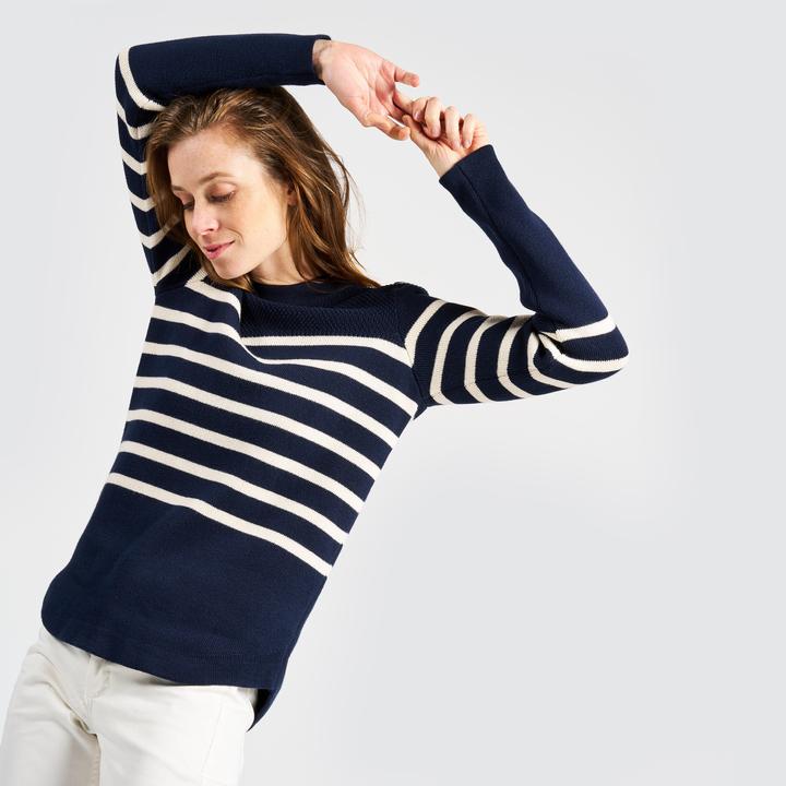 Immagine prodotto Tribord Pullover da donna in maglia da vela, 100 blu navy con righe beige (S)