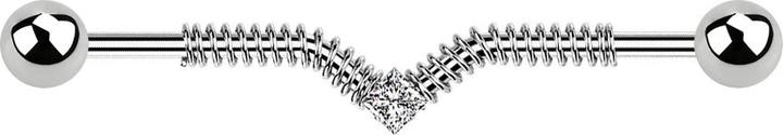 Produktbild Star Piercing Barbell silber mit zwei Kugeln Spiralfeder und quadratischem Kristall (ohne Messing, Chirurgenstahl 316L)