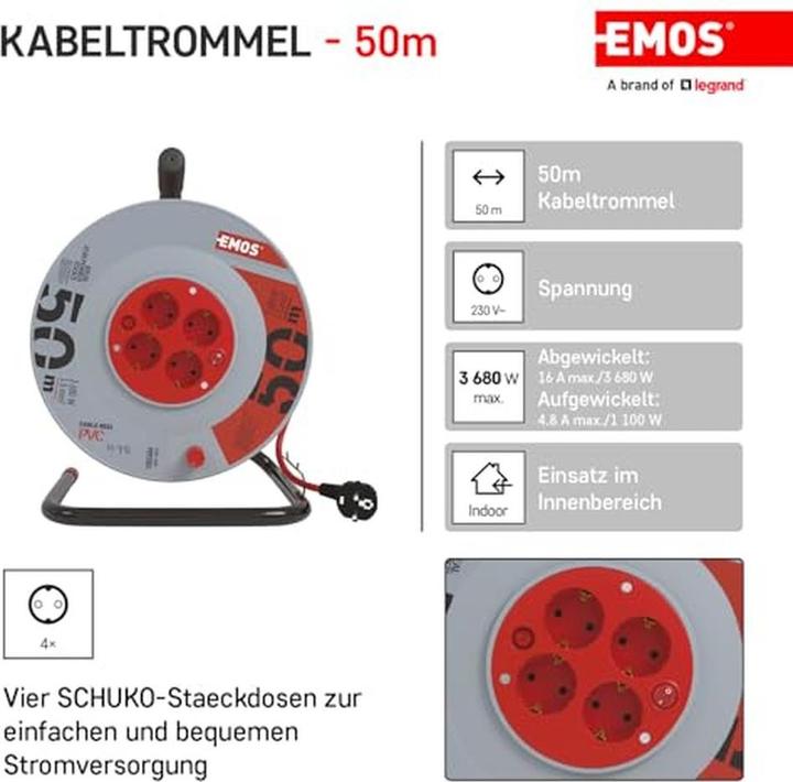 Produktbild Emos Kabeltrommel IP20 1,5mm Schuko 50 m (50 m, 1.50 mm²)