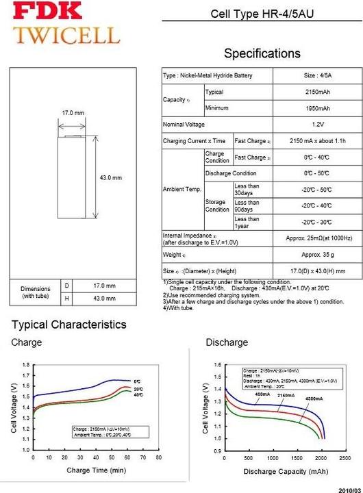 Produktbild FDK Akku HR-4/5AU 4/5A, mit Lötfahne in U-Form (4/5 A, 2150 mAh)