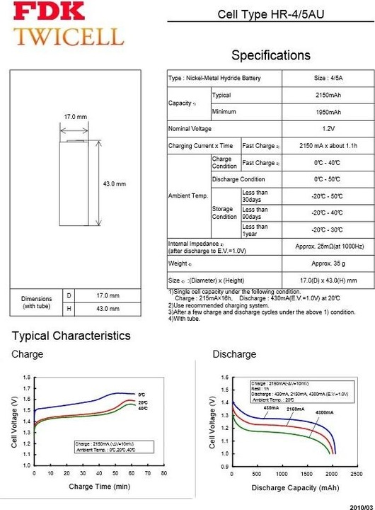 Image du produit FDK Accu HR-4/5AU 4/5A, avec cosse à souder en forme de U (4/5 A, 2150 mAh)