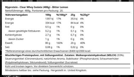 Nährwerte und Zutaten MyProtein Clear Whey Isolate (Bitter Lemon, 1 Stk., 488 g)