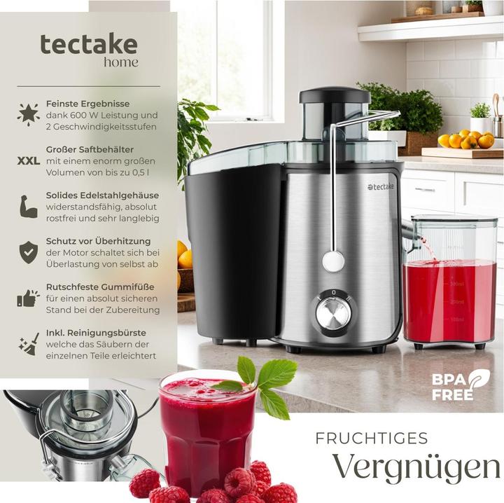 Produktbild tectake Entsafter Frufi, 2 Geschwindigkeitsstufen, Edelstahl, 600W