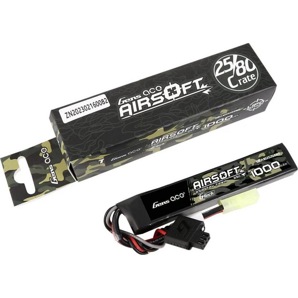 Gens Ace G-Tech 25C 1000mAh 2S1P 7.4V Airsoft Gun Lipo Battery with mini Tamiya Plug (7.40 V, 1000 mAh)