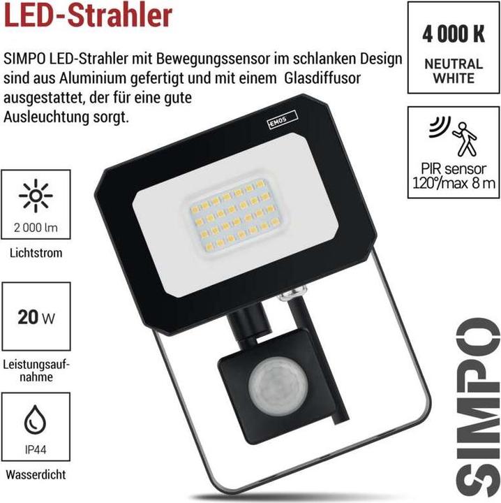 Produktbild Emos LED reflektor SIMPO mit Bewegungssensor, 20 W, neutralweiss (2000 lm)