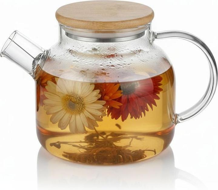 Produktbild Arendo Teekanne 1,4l,Teebereiter aus Borosilikatglas, Sieb & Bambus Deckel für losen Tee, hitzebeständig (1.40 l)