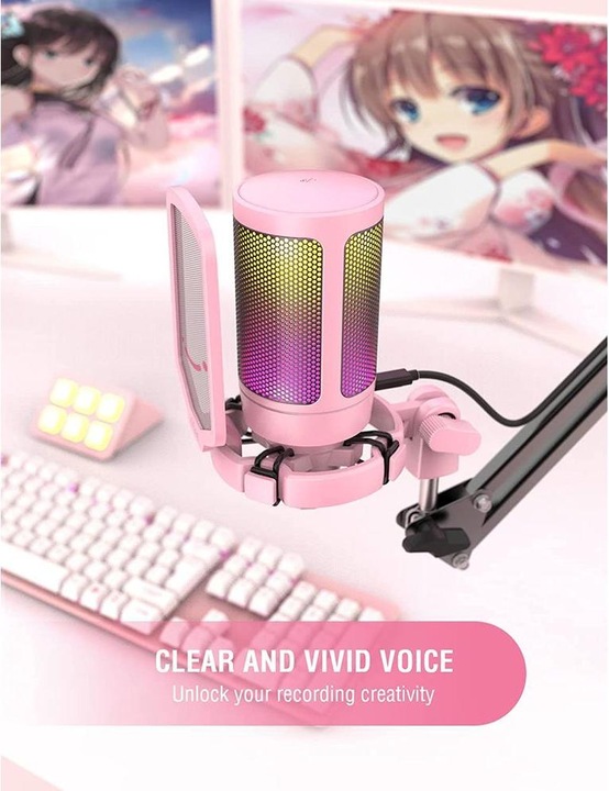 Actual product image Fifine A6V USB RGB Gaming Mic pink