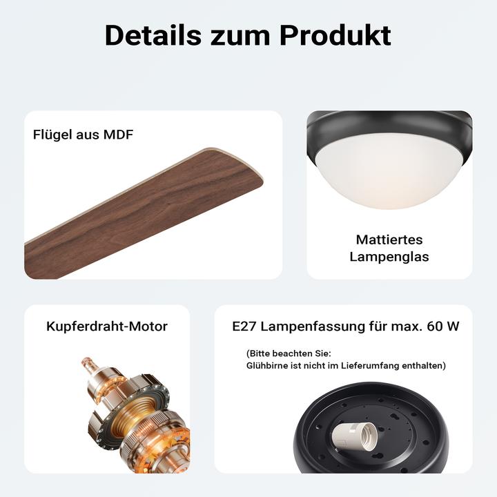 Image du produit Wiltec Ventilateur de plafond Ø122cm Ventilateur 53W Ventilateur de plafond Lampe Télécommande (55 dB)