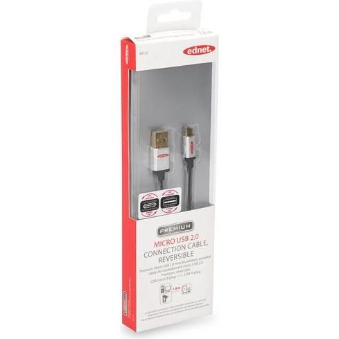 Thumbnail - ednet USB 2.0 Anschlusskabel Typ A - Micro B St/St 1,8 m High Speed Stecker wendbar (1.80 m, USB 2.0), USB Kabel