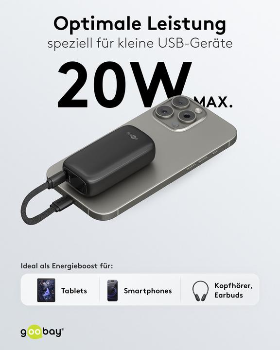 Actual product image Goobay Powerbank 5.000 mAh mit integriertem USB-C-Kabel (5000 mAh, 15 W, 15 Wh)