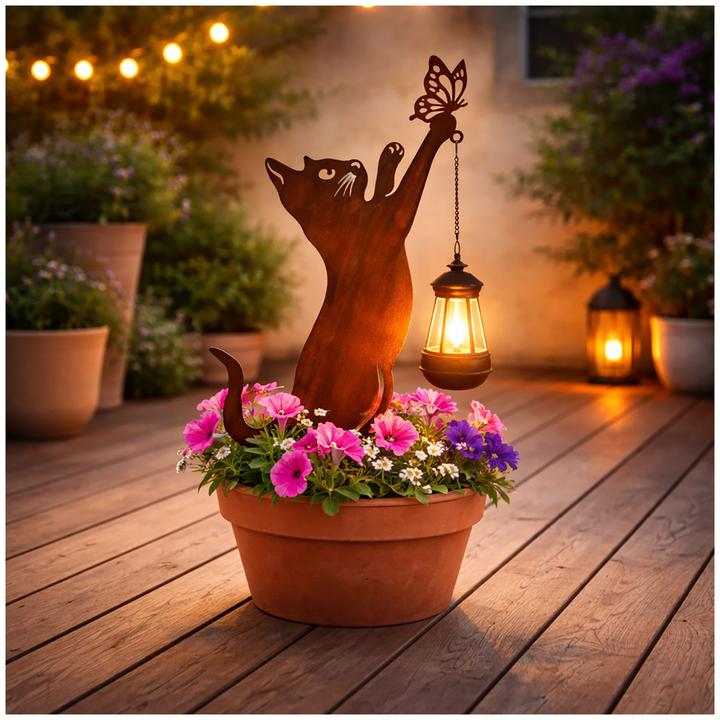 Produktbild HTI-Living Gartenstecker Katze mit Lampe Metall Rostoptik Gartendeko mit Laterne