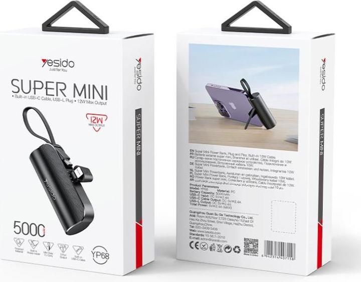 Productafbeelding Yesido Ultra Mini Power Bank 5000mAh met USB-C kabel / Lightning stekker - Zwart (5000 mAh, 12 W)