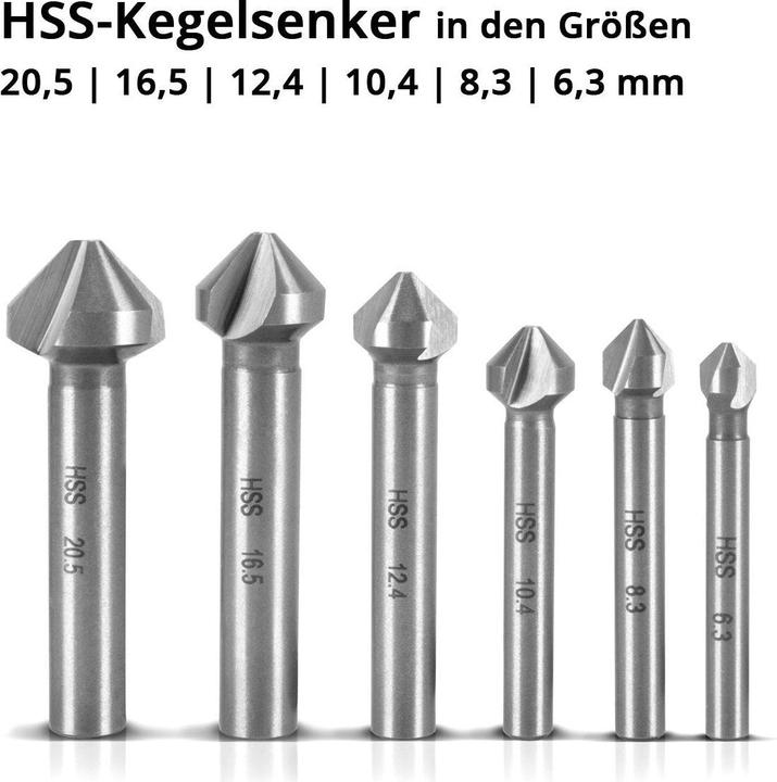 Actual product image Stahlwerk HSS countersink set of 6 90° 6.3-20.5 mm DIN 335 form C countersink (6,3, 10.4 mm, 12.4 mm, 20.5 mm, 16.5 mm, 8,3)