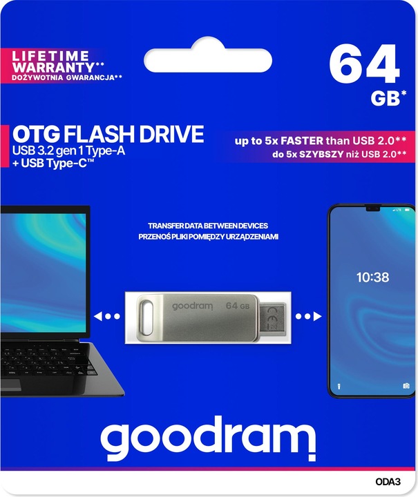 Actual product image Goodram ODA3 USB Flash Drive USB Type-A / USB Type-C 3.2 Gen 1 (3.1 Gen 1) (64 GB, USB-C, USB-A, USB 3.2)