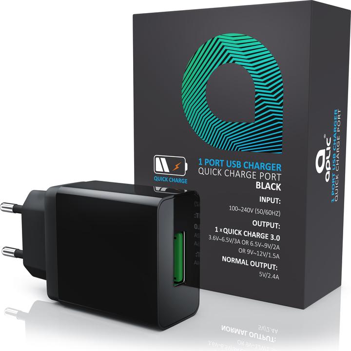Actual product image Aplic USB charger 3000 mA, Quick Charge 3.0 USB charger 1x USB A QC 3.0 port, max. 3A via QC, black (1 portion)