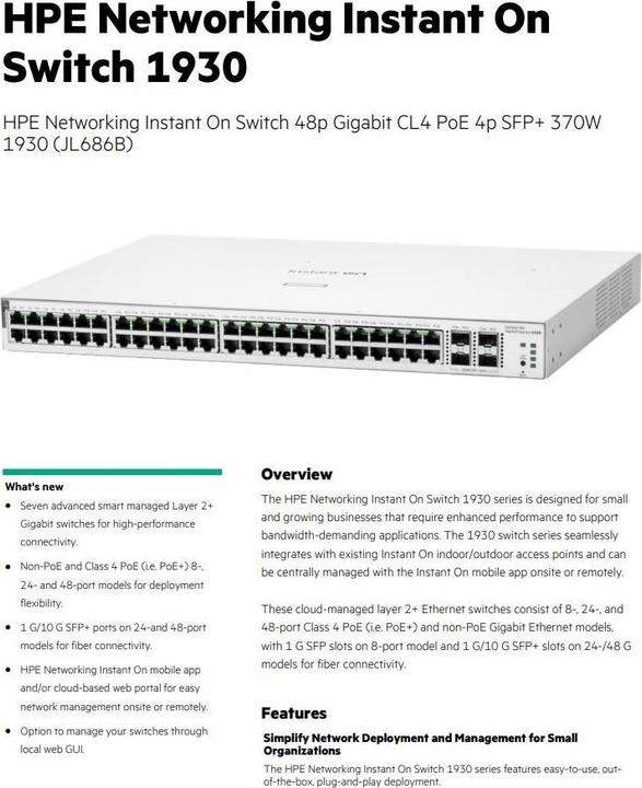Immagine prodotto HPE Switch Aruba Instant On 1930 PoE 4SFP/SFP+ (52 porte)