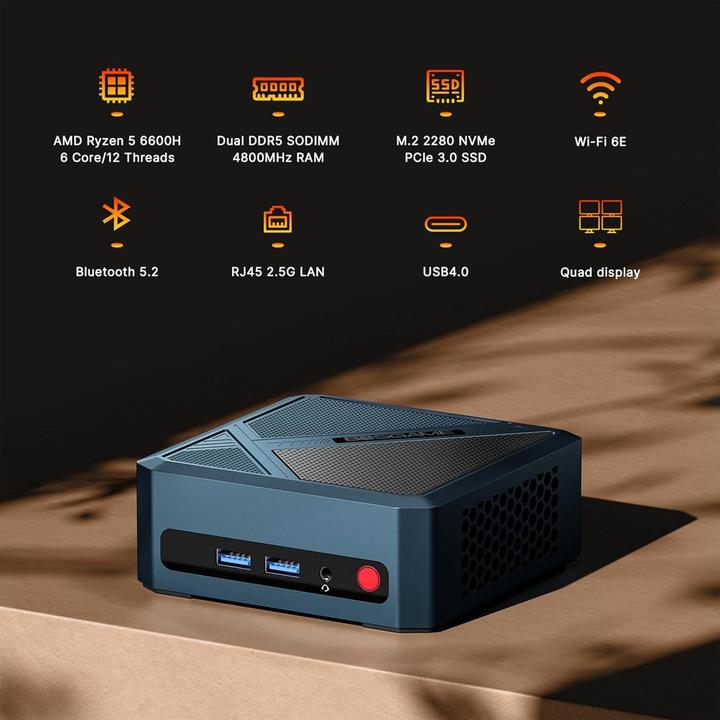Produktbild Bosgame Mini-PC mit Ryzen 5 6600H und Windows 11 Pro (AMD Ryzen 5 6600H, 24 GB, 512 GB)