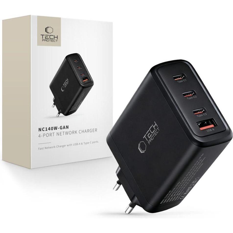 Tech-Protect NC140W-GAN 4-PORT NETZLADEGERÄT PD 140W / QC3.0 SCHWARZ (140 W), Caricatore USB, Nero
