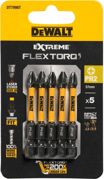 Produktbild DeWalt Phillips PH2 Schraubendreherbit, Typ Schlagschrauberbit, 5teilig (Kreuz Phillips PH)