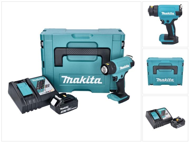 1x Makita DHG 180 batterie soufflerie d'air chaud, 1x Makita BL 1830 B 18 V 3,0 Ah batterie, 1x Makita DC 18 RC chargeur, 1x Makita Makpac mallette, 1x universel insert
