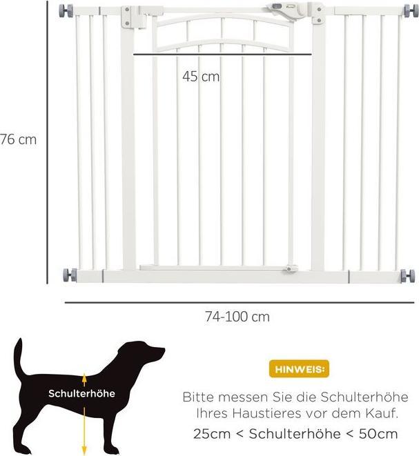 Produktbild Swisshandel24 Hunde Türgitter, 74-100 cm, Absperrgitter mit automatisch schliessender Tür, ohne Bohren für kleine/ (74 cm)