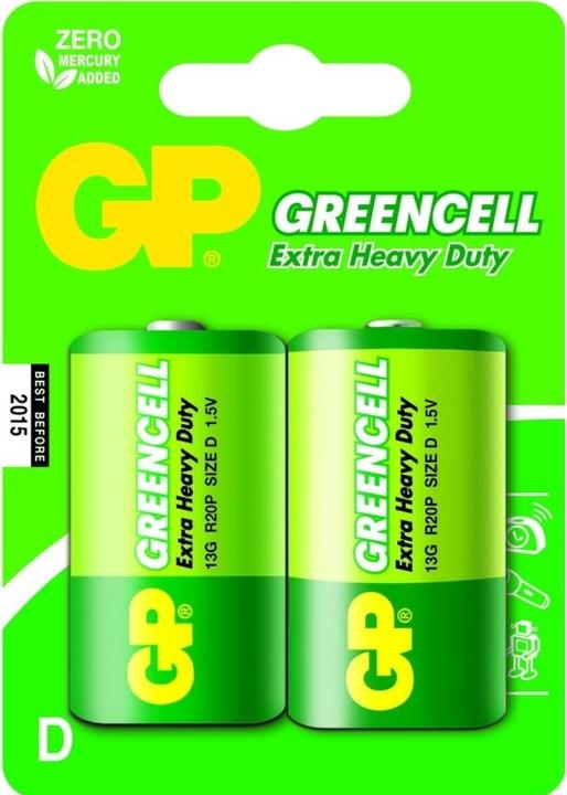 GP Batteries Greencell D, Einwegbatterie, D, Zinkchlorid, 1,5 V, 2 Stück(e), Grün (2 Stk., D)