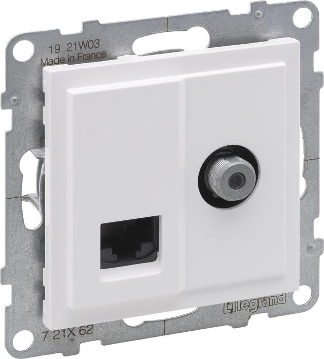 Actual product image Legrand SUNO TV socket type F 1.5 dB + RJ45 Cat. 6 UTP white 721162
