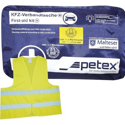 Petex, Pannenhilfe, 43939705 Plus blau DIN 13164:2022 inkl. Warnweste gelb EN 20471 Verbandtas