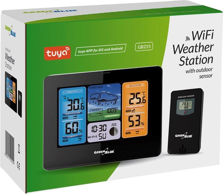 Productafbeelding Greenblue Weerstation Weersvoorspelling WiFi App TUYA Display 7 Talen Maanfase Display IPX4 GroenBlauw